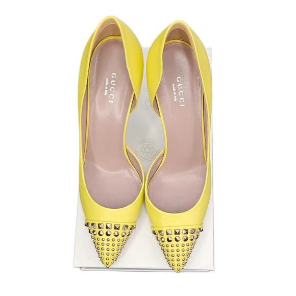 GUCCI Studded Captoe D'Orsay Pumps In Soft Yellow Leather - Picture 4 of 12